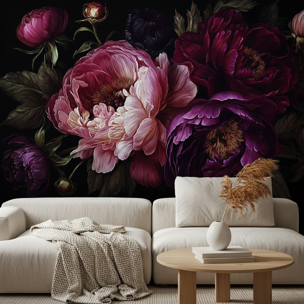 Dark Vintage Peony Floral Mural Wallpaper