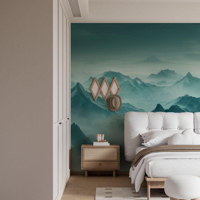 Custom Wallpaper Mountain Mist Turquoise | Murals Wallpaper