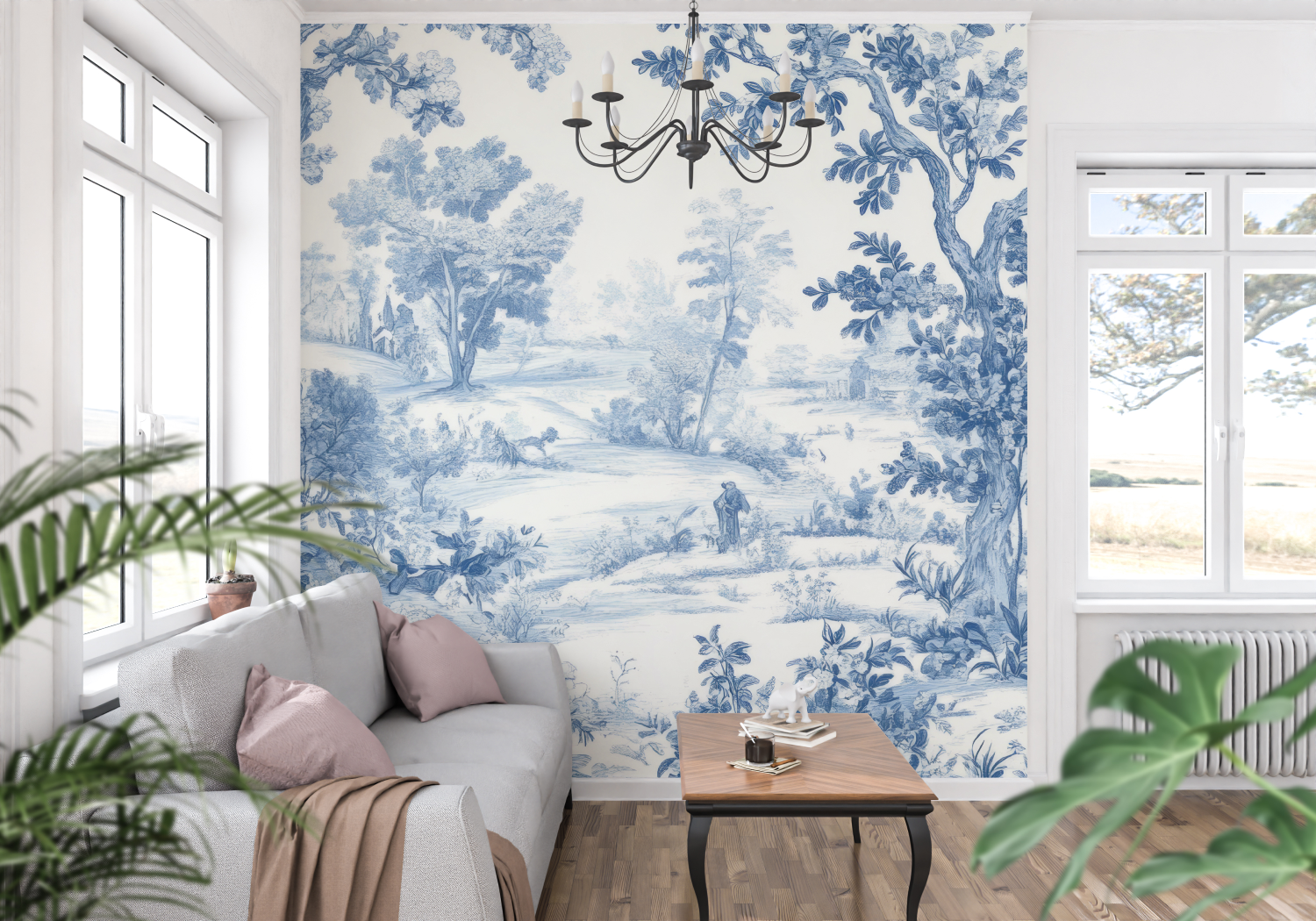Papier Peint Toile De Jouy Foret Bleu - panoramique tendance