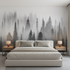 Black and White Misty Pine Forest Mural Wallpaper