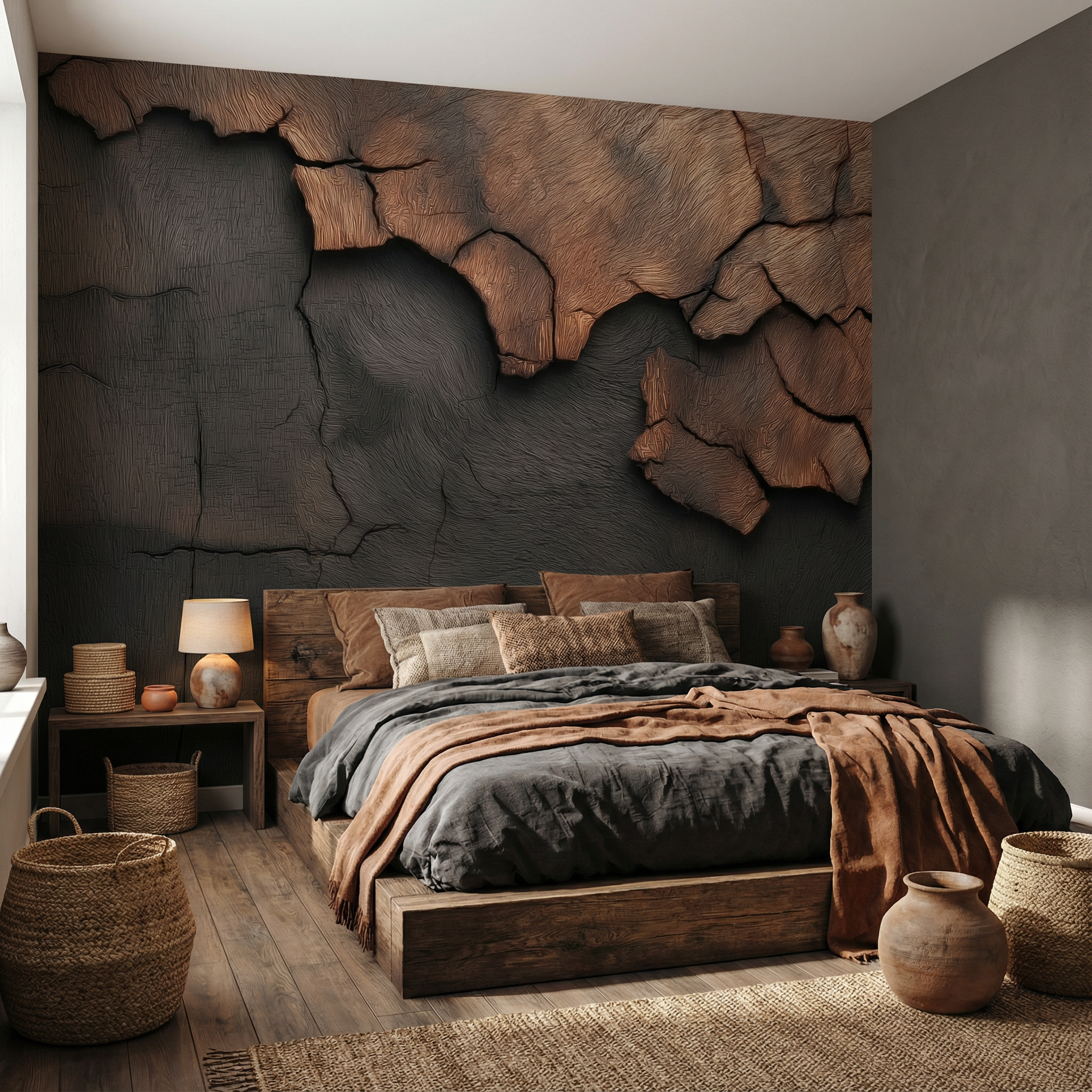 Wandtapete mit Struktur aus verbranntem Holz