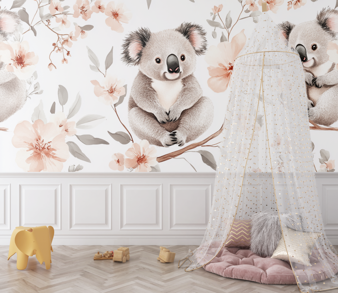 Papier peint koala et fleurs de coton bebe