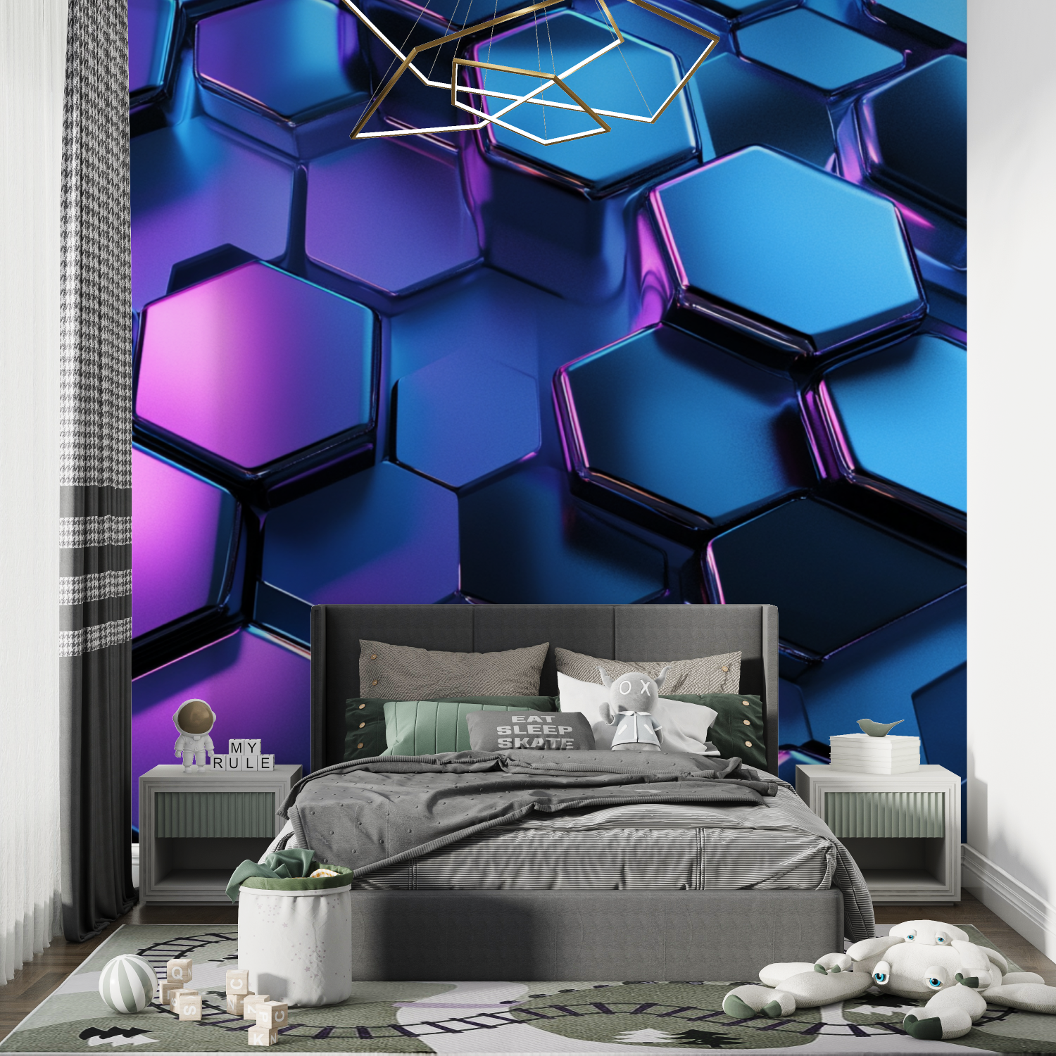 Neon Blue Hexagon Wallpaper | Murals Wallpaper