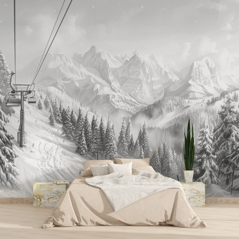 Tapetenpapier Montagne Telecabine Noir Blanc Tapisserie 2025