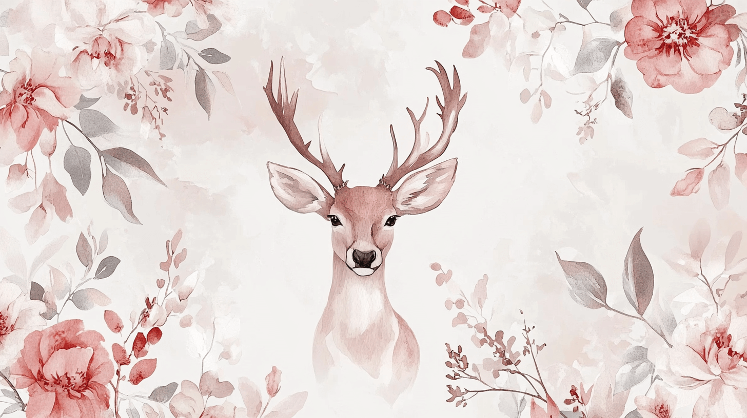 Soft Pink Floral Wallpaper with Deer | Murals Wallpaper