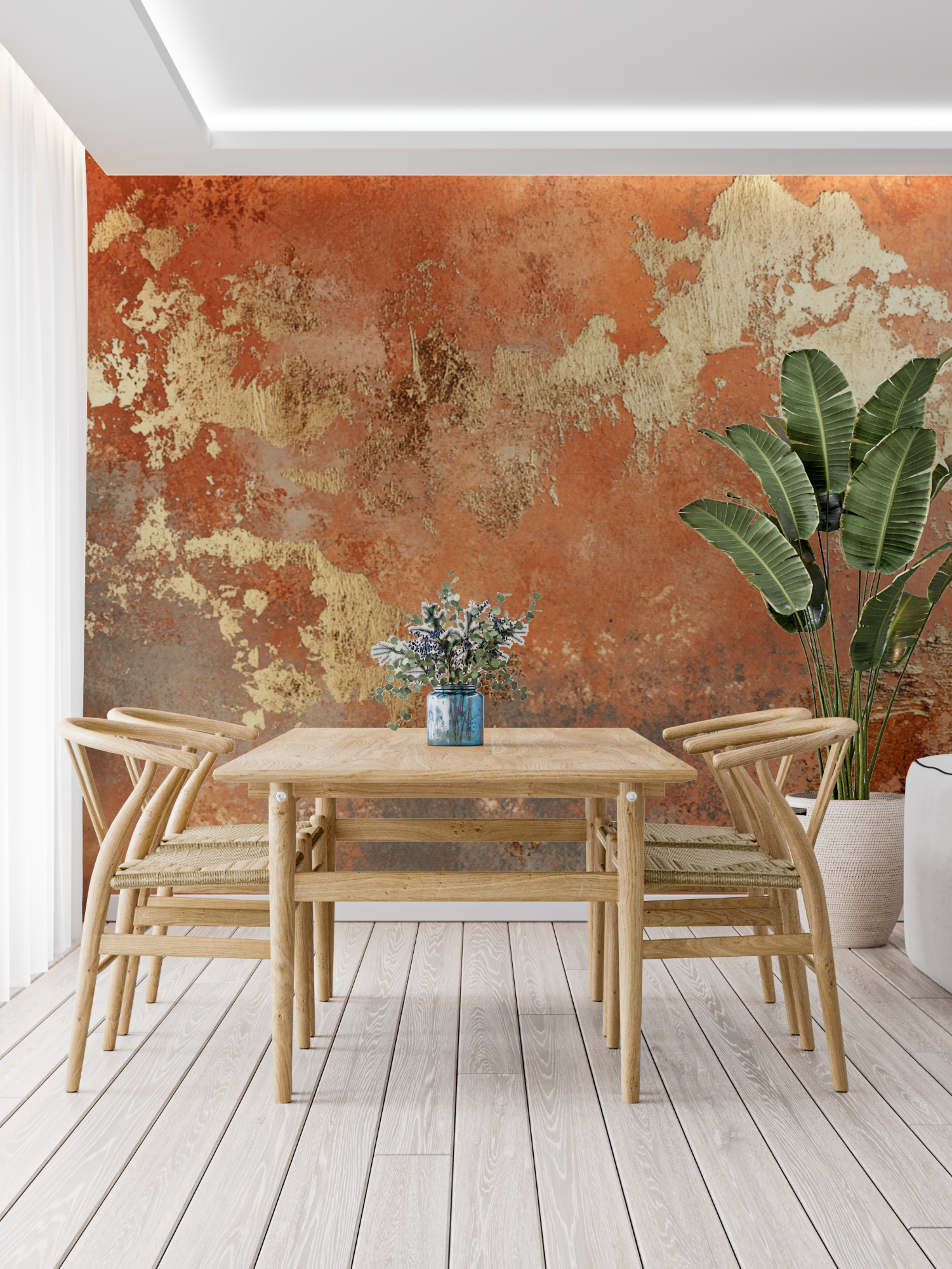 Terracotta-Tapete mit Reflexen...goldenen, trendigen Panoramablick