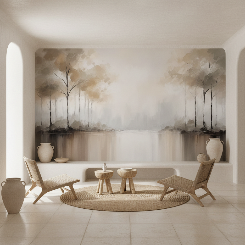 Soft Abstract Lake Trees Mural Wallpaper