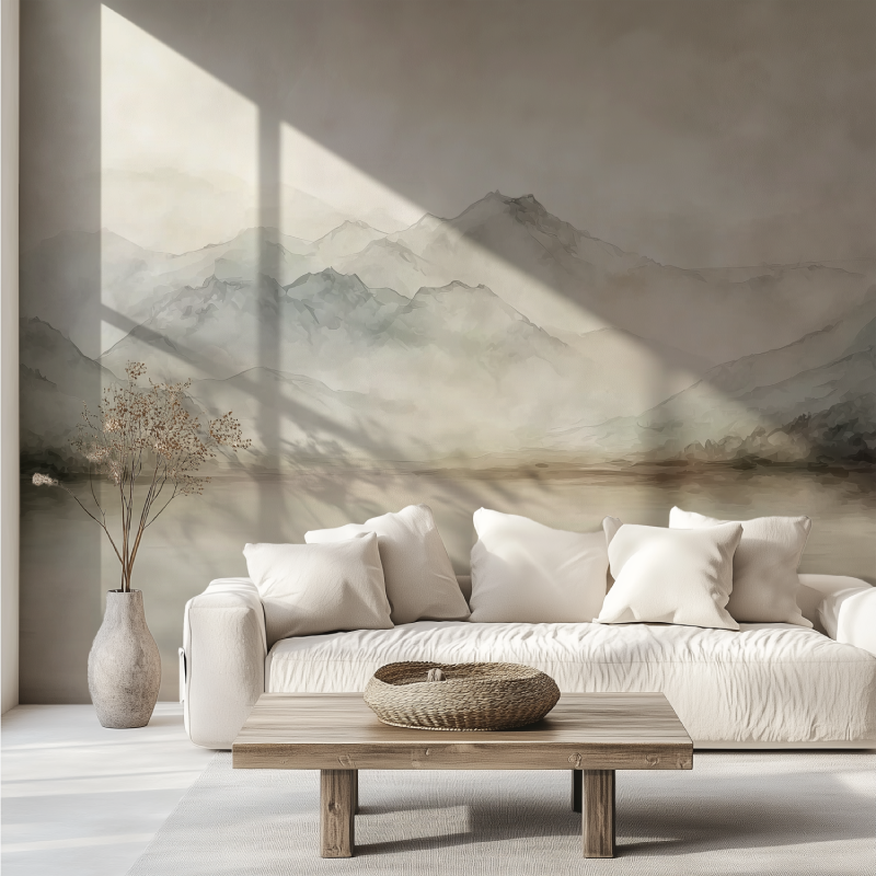 Watercolor beige aquatic landsc... wallpaper canape tendance