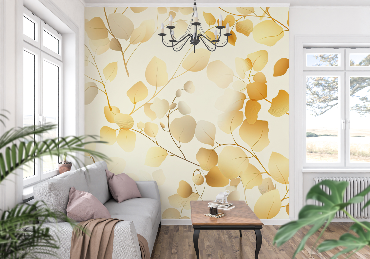 Papier Peint Feuilles Doré – Trompe l'oeil