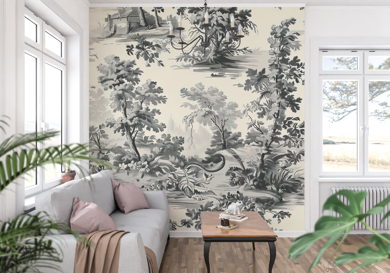 Light Grey Toile De Jouy Wallpaper | Murals Wallpaper