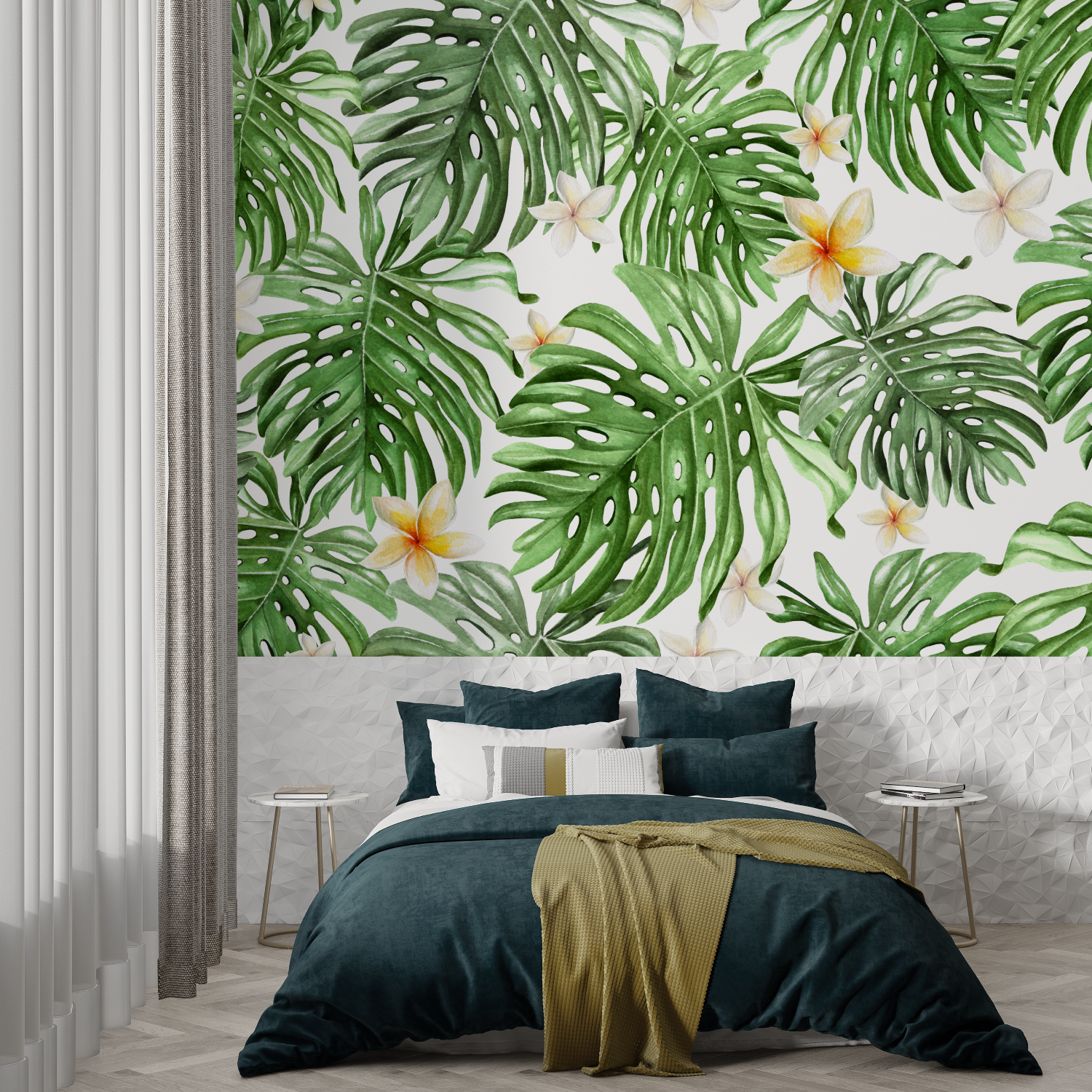 Papier Peint Feuillage Vert Et Blanc - Tapisserie