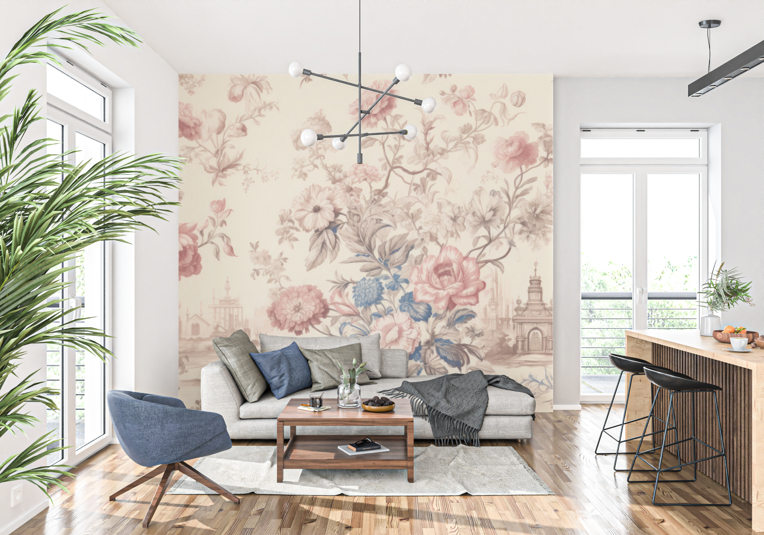Toile de Jouy Pink Blue Wallpaper | Murals Wallpaper