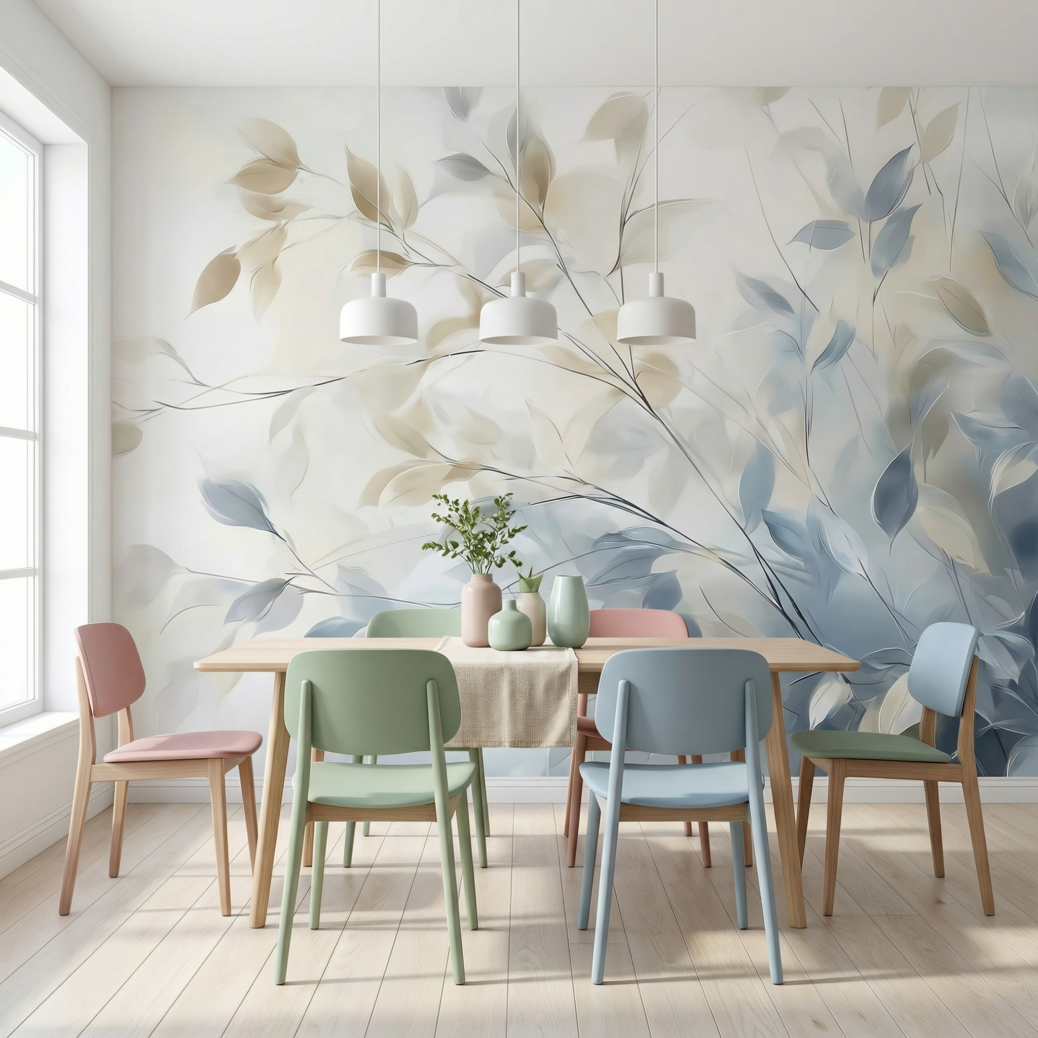 Soft Watercolor Botanical Leaves Mural Wallpaper