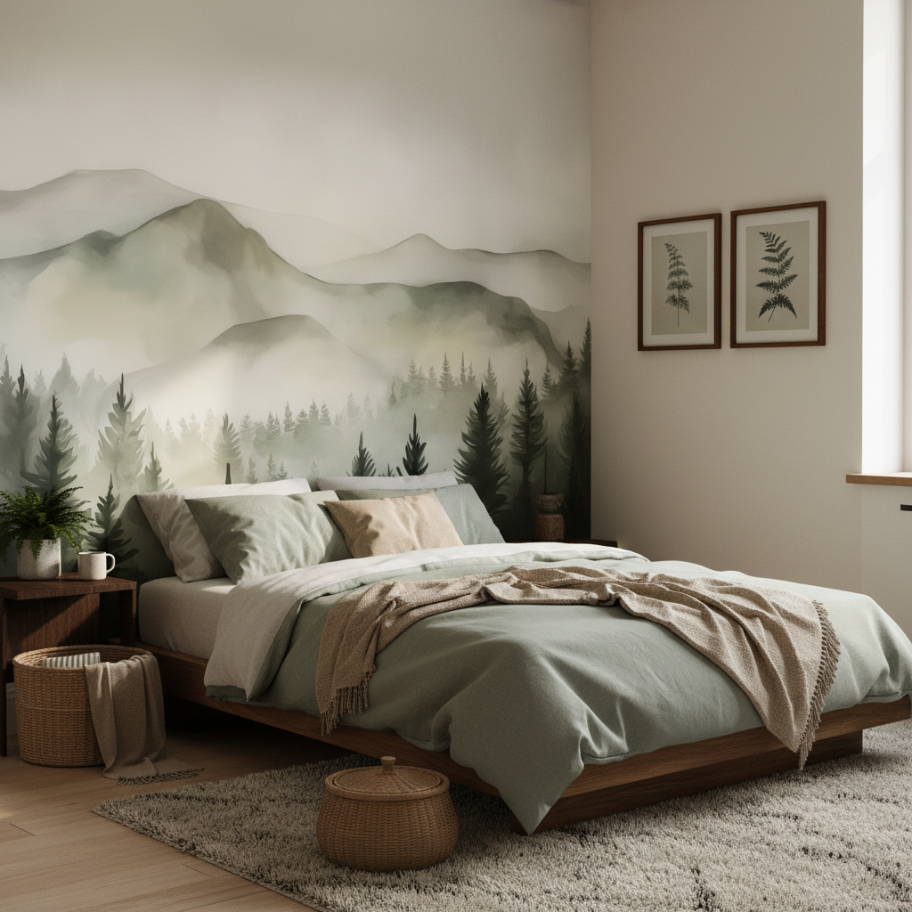 Aquarell-Wandtapete mit nebligen Kiefernbergen