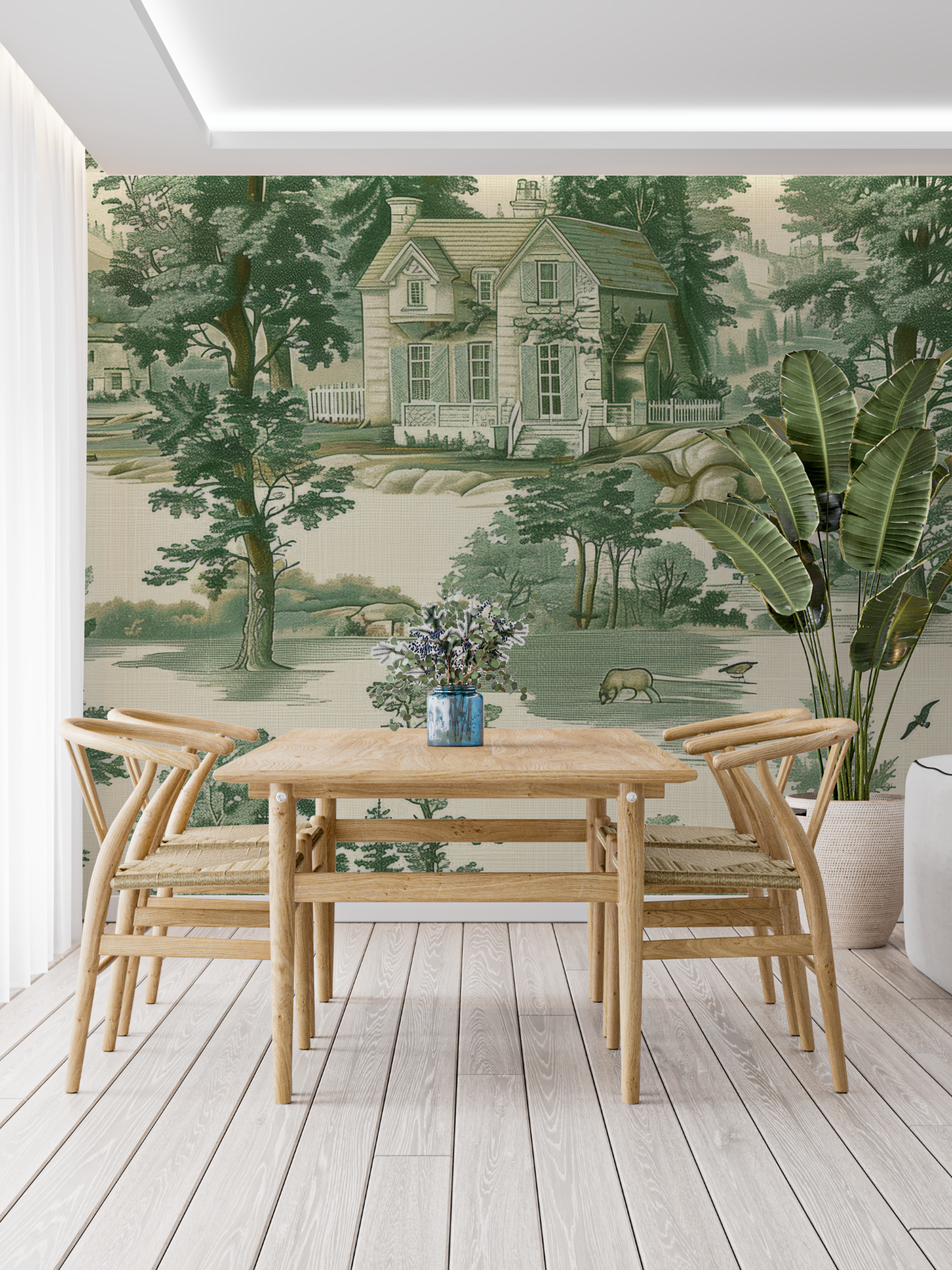 Toile de Jouy Landscape Green Wallpaper | Murals Wallpaper