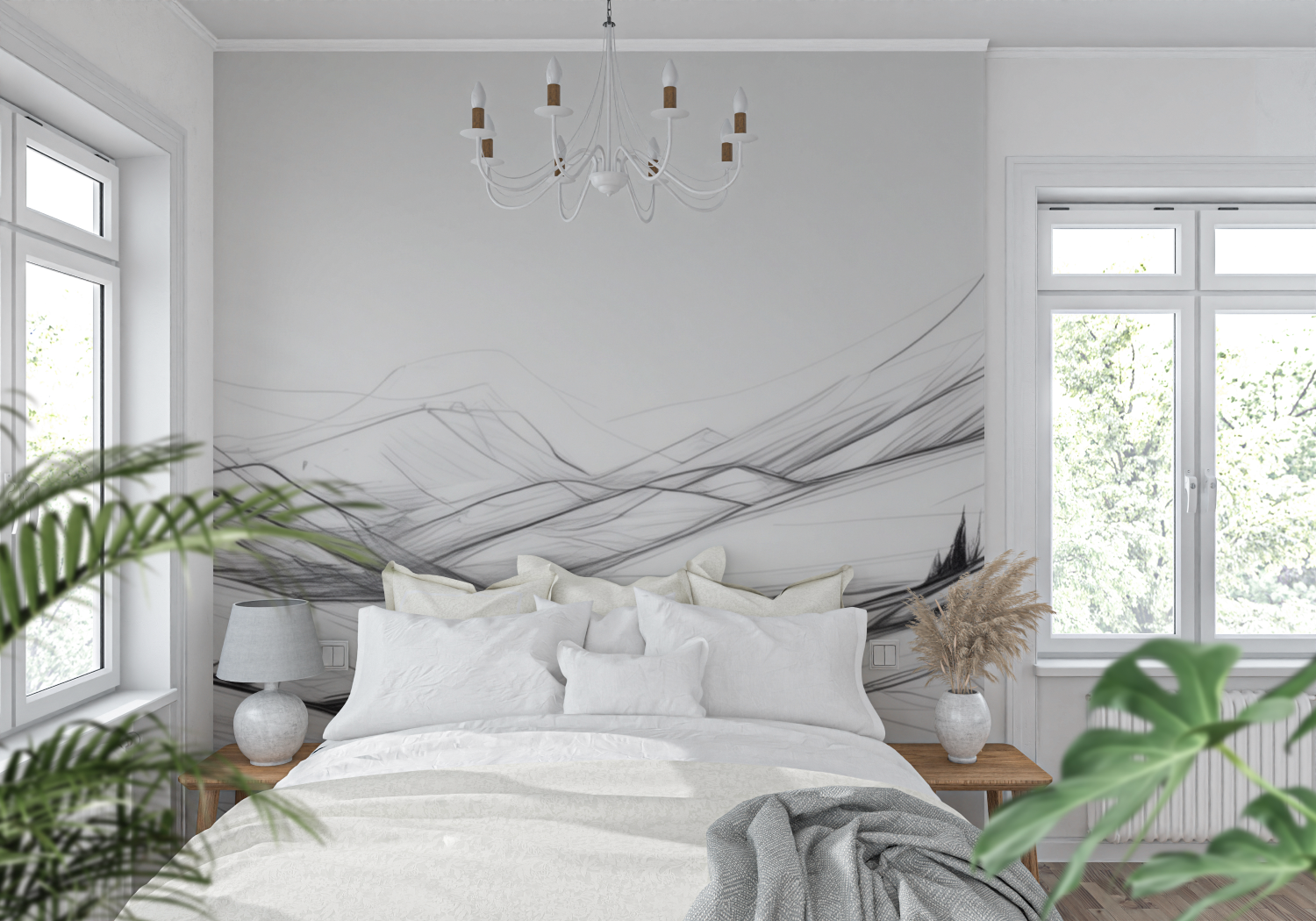 Papier Peint Panoramique Montagne Noir Et Blanc Dessin - 4 Murs