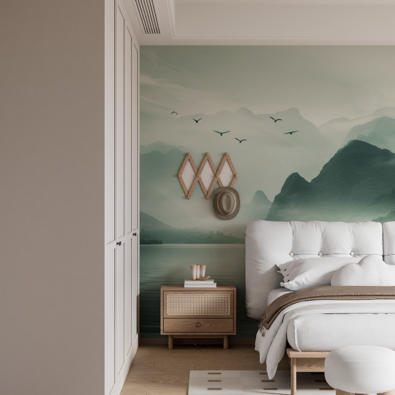 Wandgemälde aus Berg- und Voilepapier auf dem See