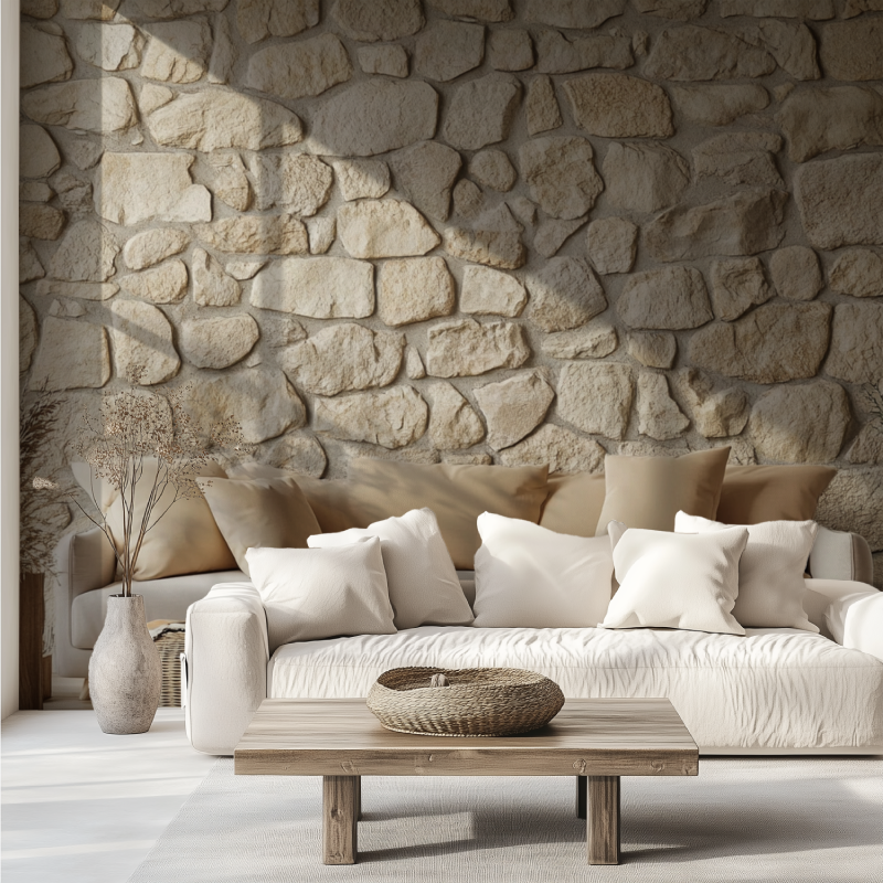 Papier peint pierre trompe l oeil canape tendance