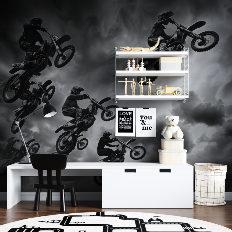 3D Black and White Motocross Wallpaper | Murals Wallpaper