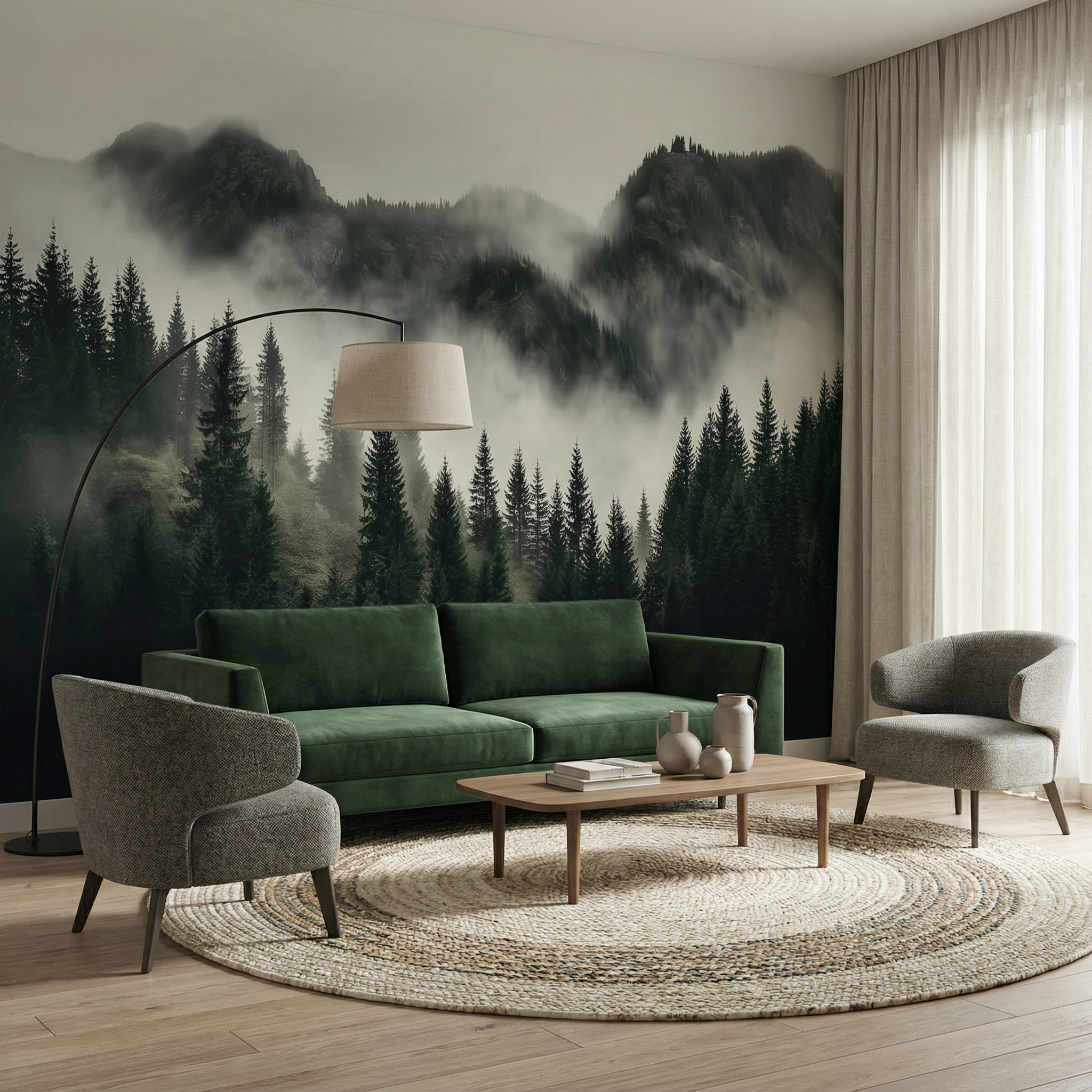 Dark Mountain Fog Forest Mural Wallpaper