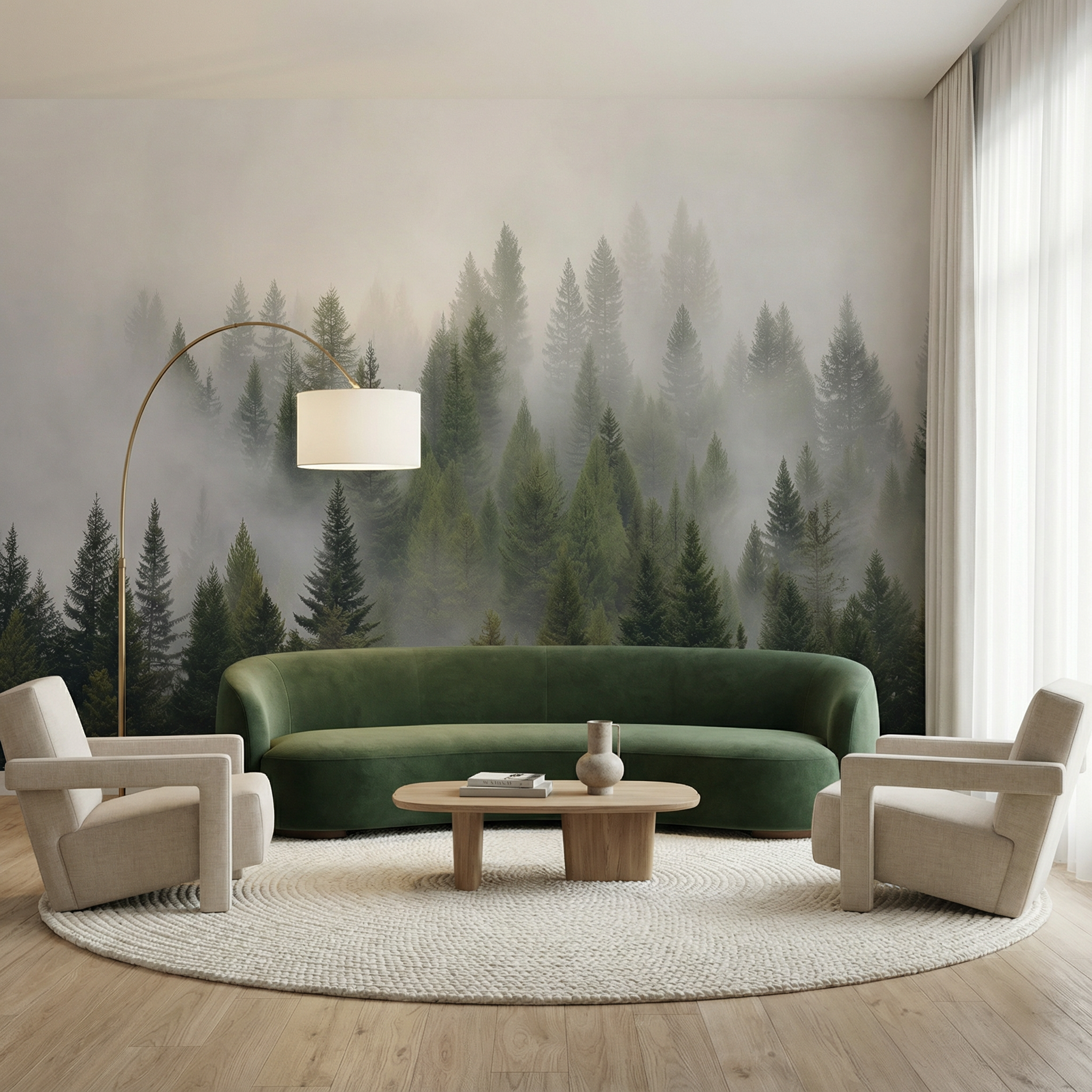 Misty Green Pine Forest Mural Wallpaper