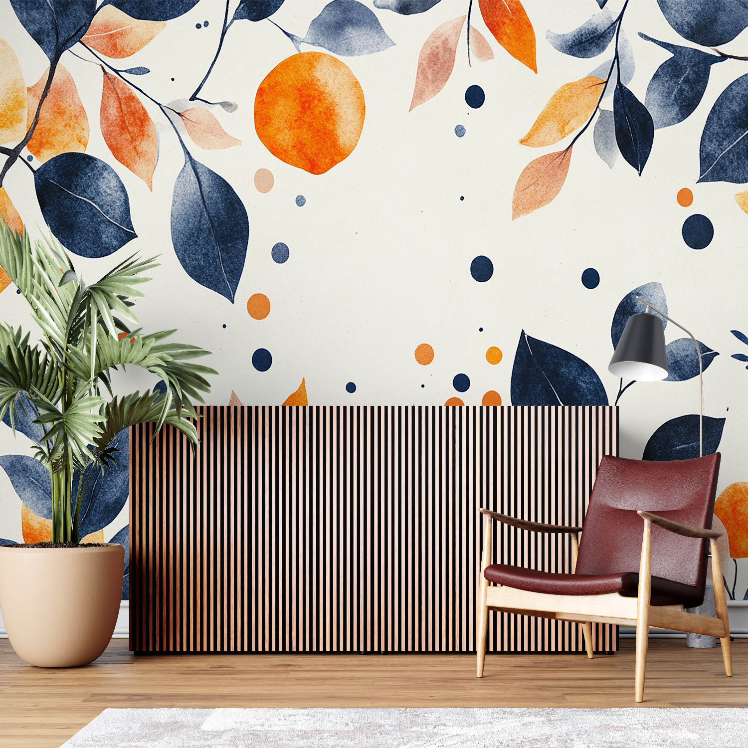 Blue Floral and Orange Wallpaper | Murals Wallpaper