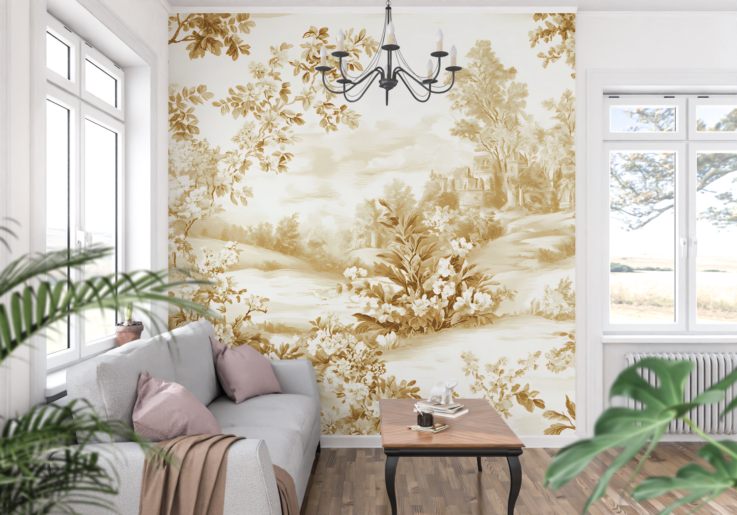 Beige Yellow Toile de Jouy Wallpaper | Murals Wallpaper