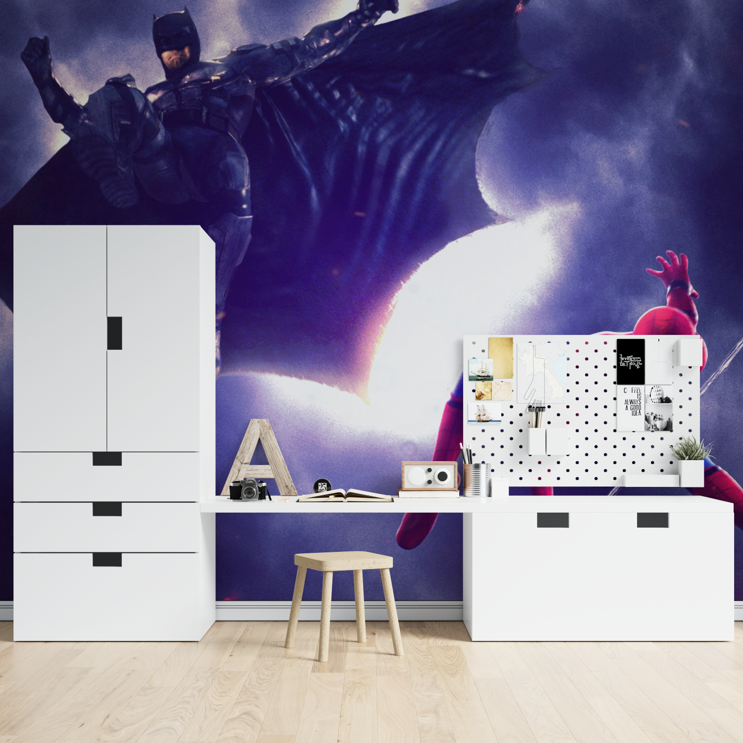 Tapeten Spiderman und Batman – beleuchtetes Schlafzimmer