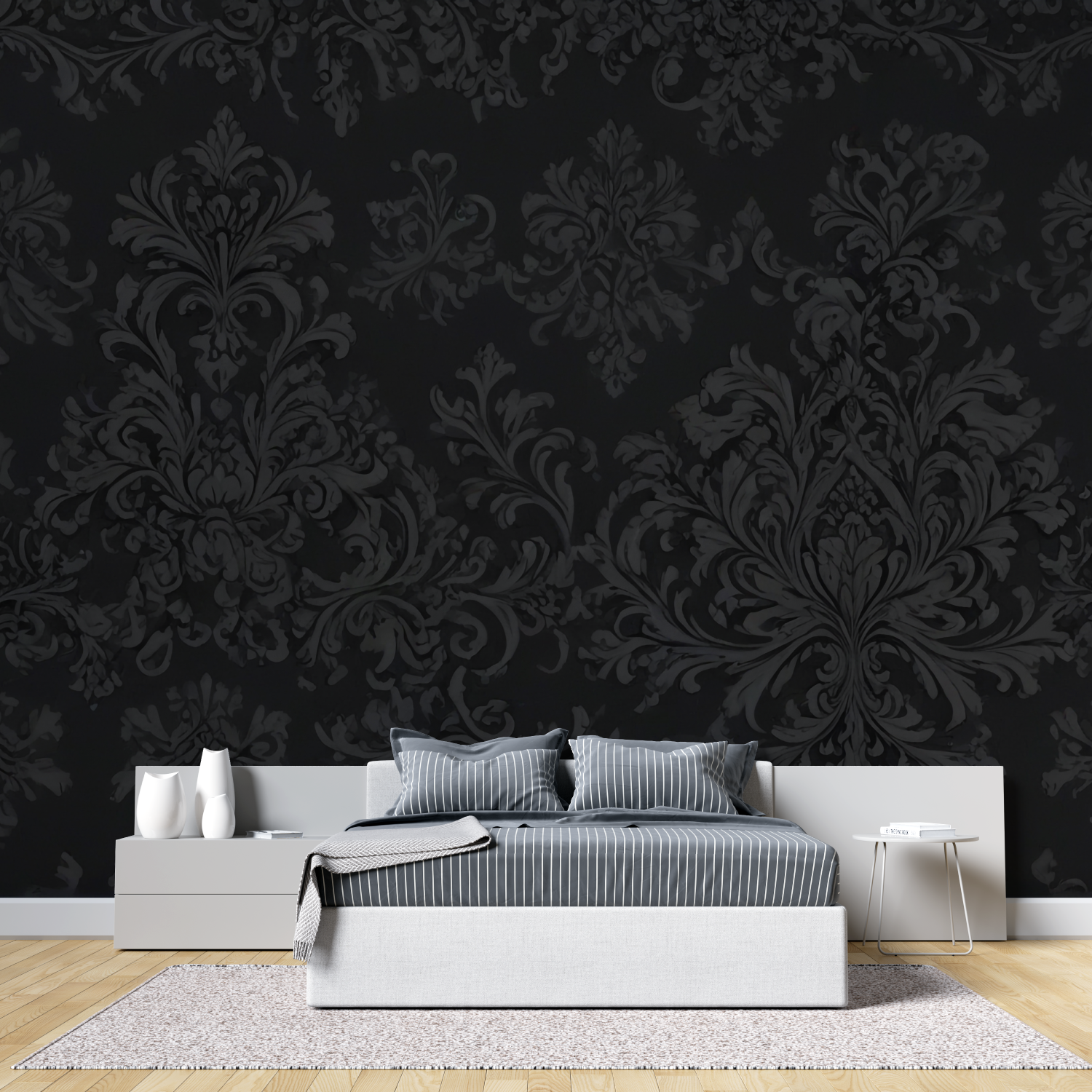 Papier Peint Barock Noir Et Argent - tete de lit