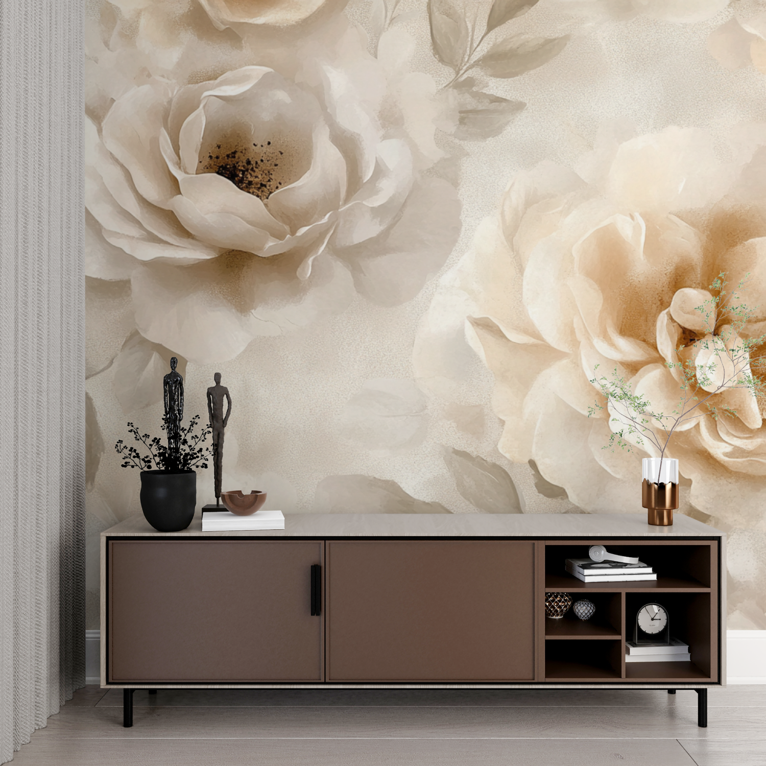 Watercolor Soft Flowers Beige Wallpaper | Murals Wallpaper