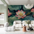 Watercolor Lotus and Green Leaves Wallpaper | Murals Wallpaper