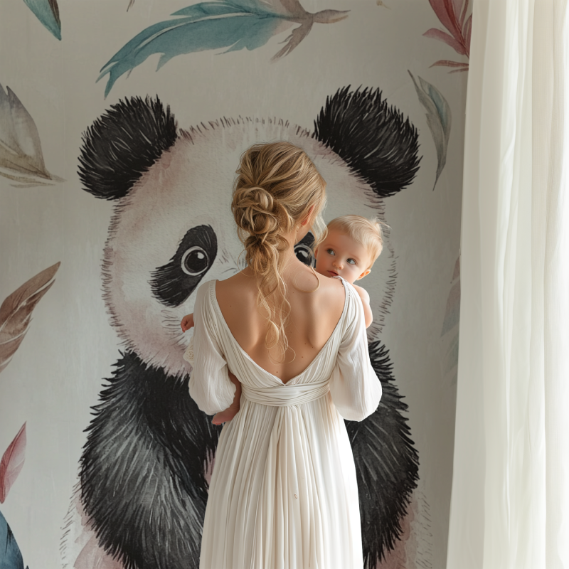 Papier peint panda et plumes bohemes bb123