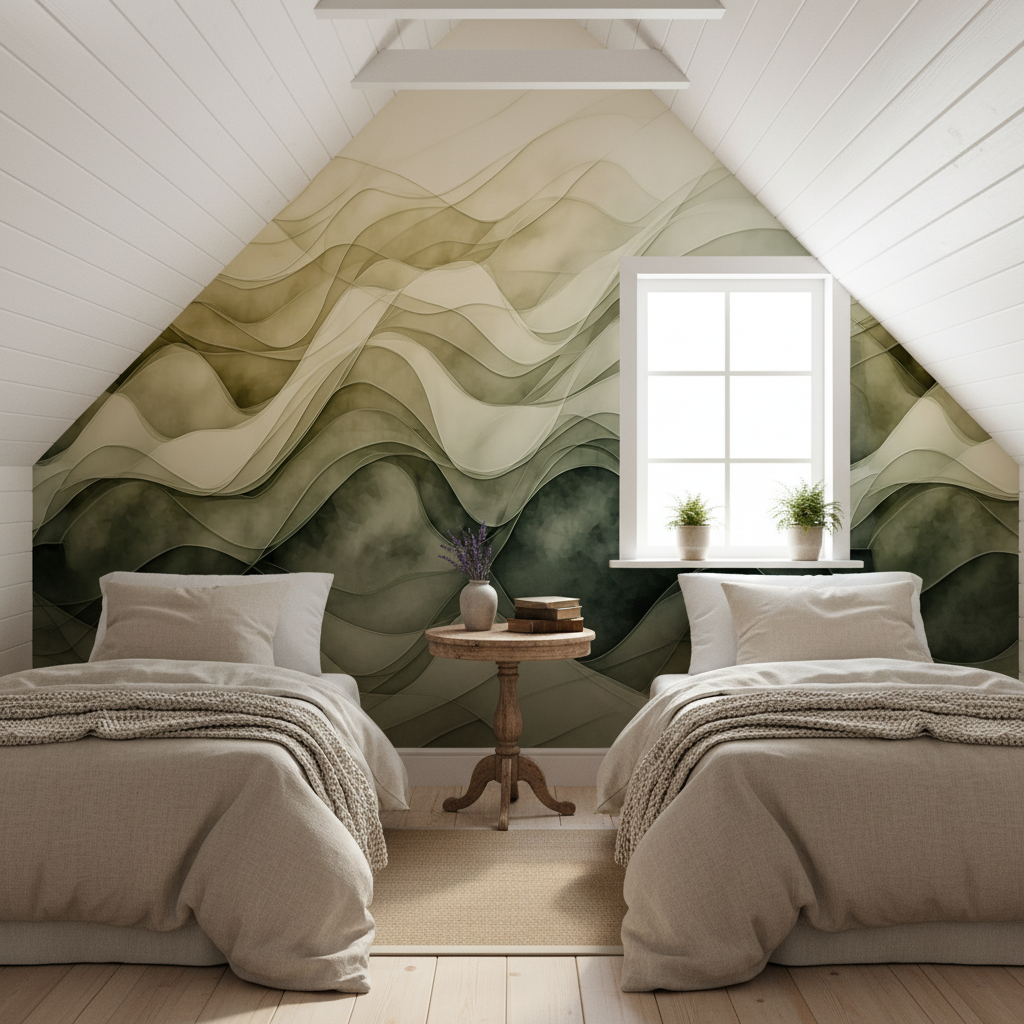 Abstract Green Wavy Lines Mural Wallpaper