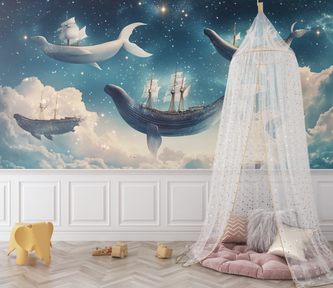 Nautical Wallpaper with Ships and Whales in the Sky | Murals Wallpaper