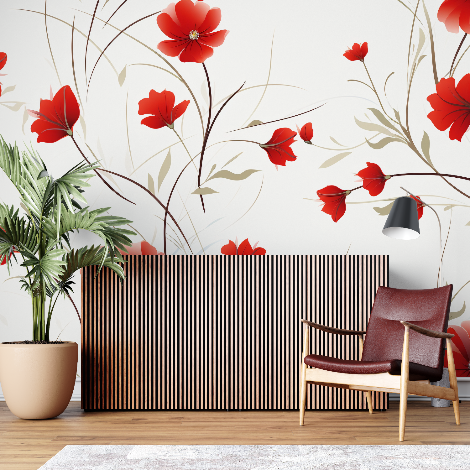 Papier Peint Floral Blanc Et Rouge – Wandbild