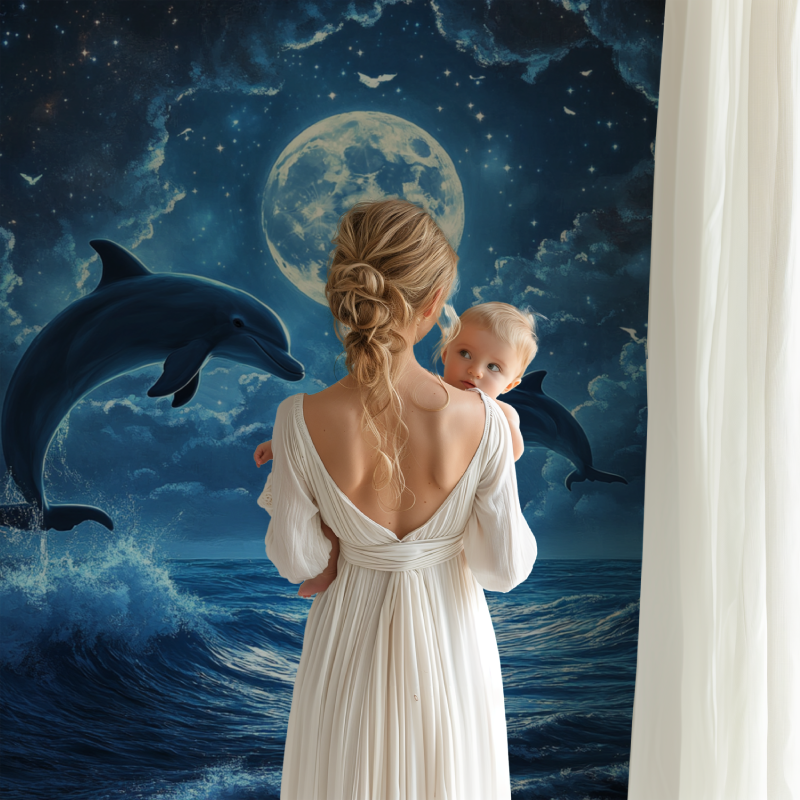 Marine Wallpaper with Dolphins and Shining Moon | Murals Wallpaper