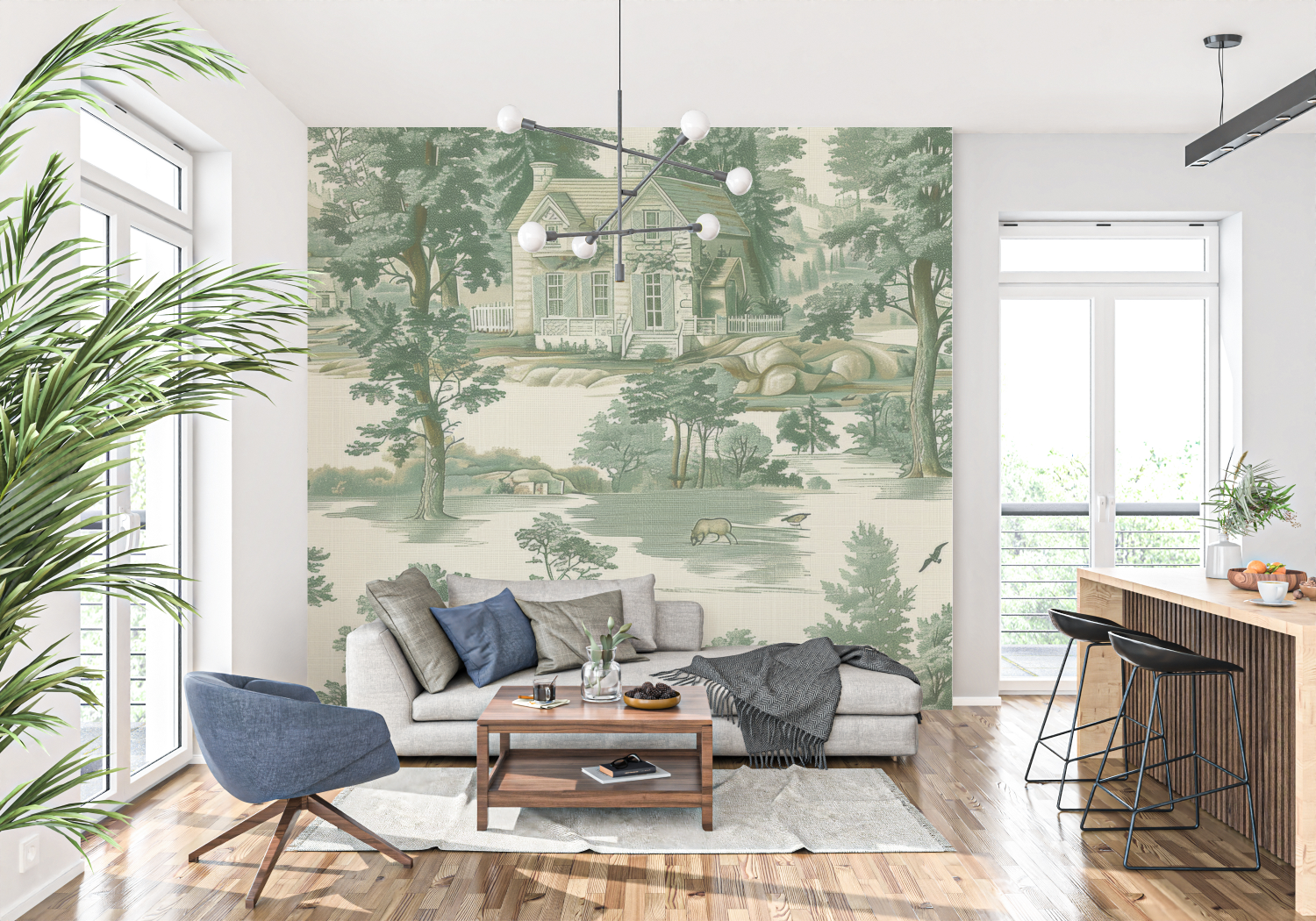 Papier Peint Toile De Jouy Paysage Vert - Trompe-l'oeil