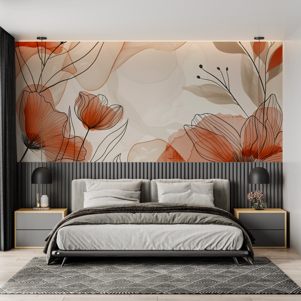 Flower Lines Terracotta Mural Wallpaper