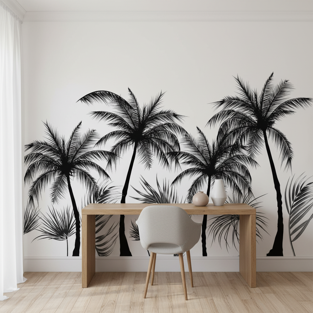Mural Black and White Panoramic Wallpaper with Trees