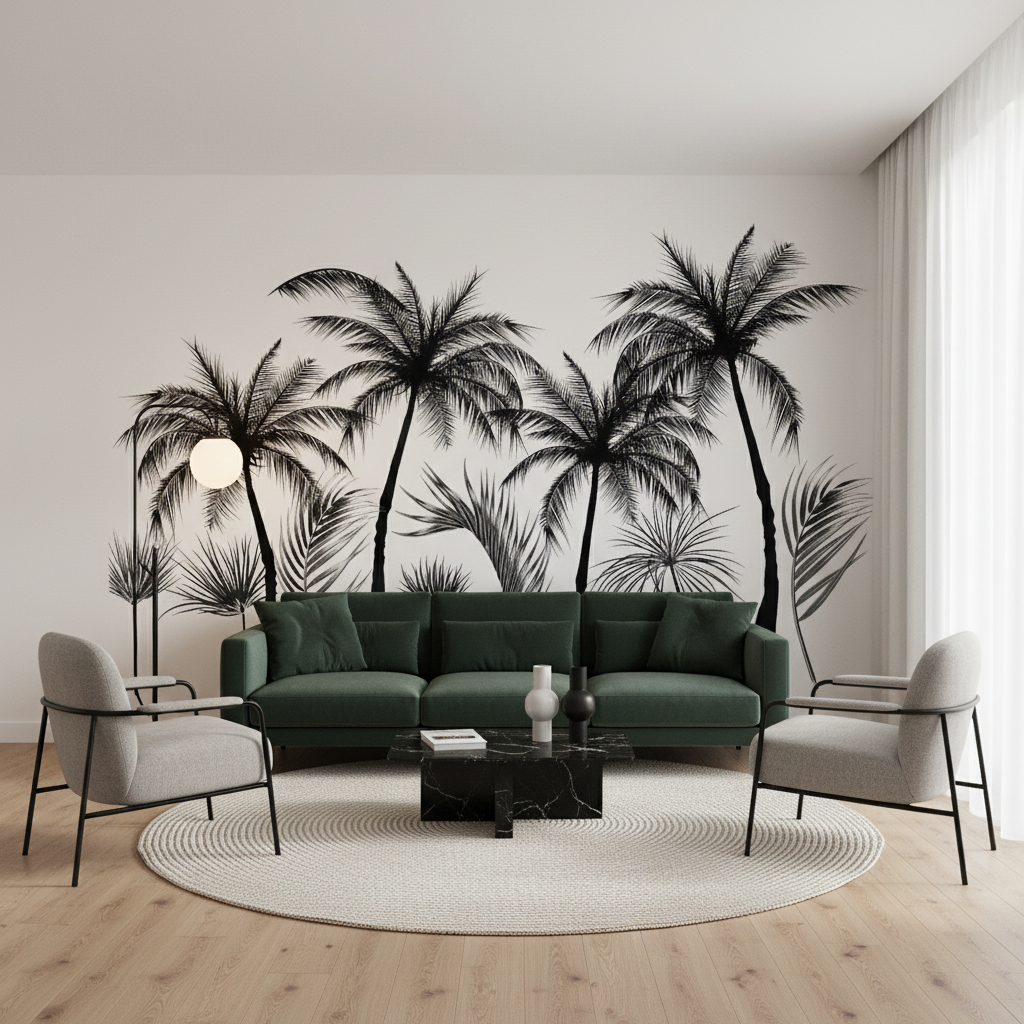 Mural Black and White Panoramic Wallpaper with Trees