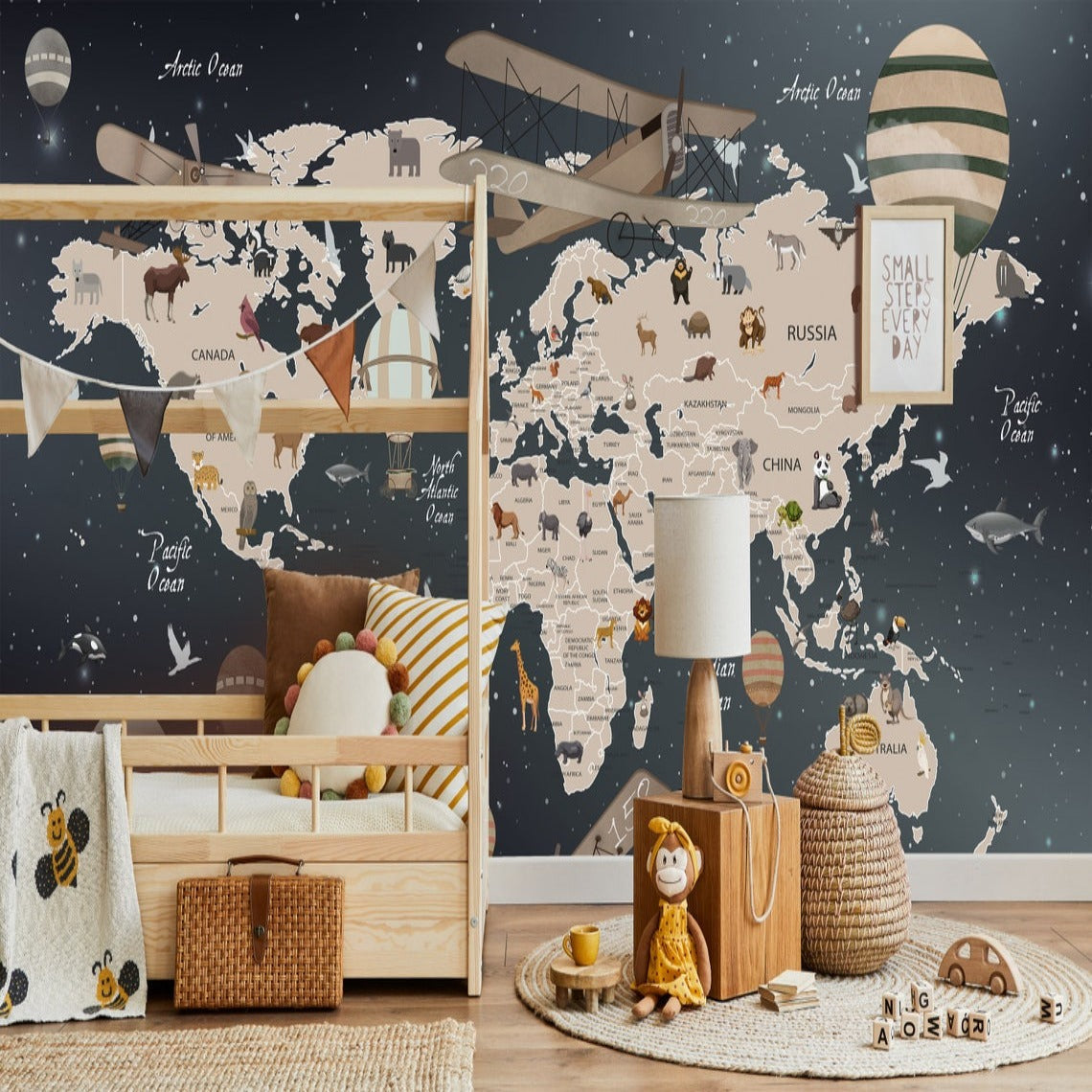 Mural World Map Wallpaper in Black with Airplane