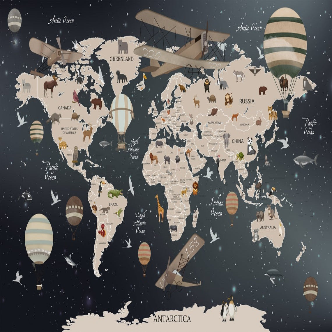 World Map Wallpaper<br/> Black Map and Airplane | Murals Wallpaper
