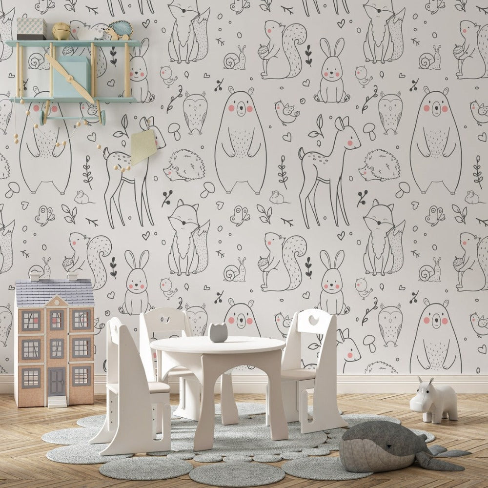 Animal Wallpaper <br/> White Background Black Pattern | Murals Wallpaper