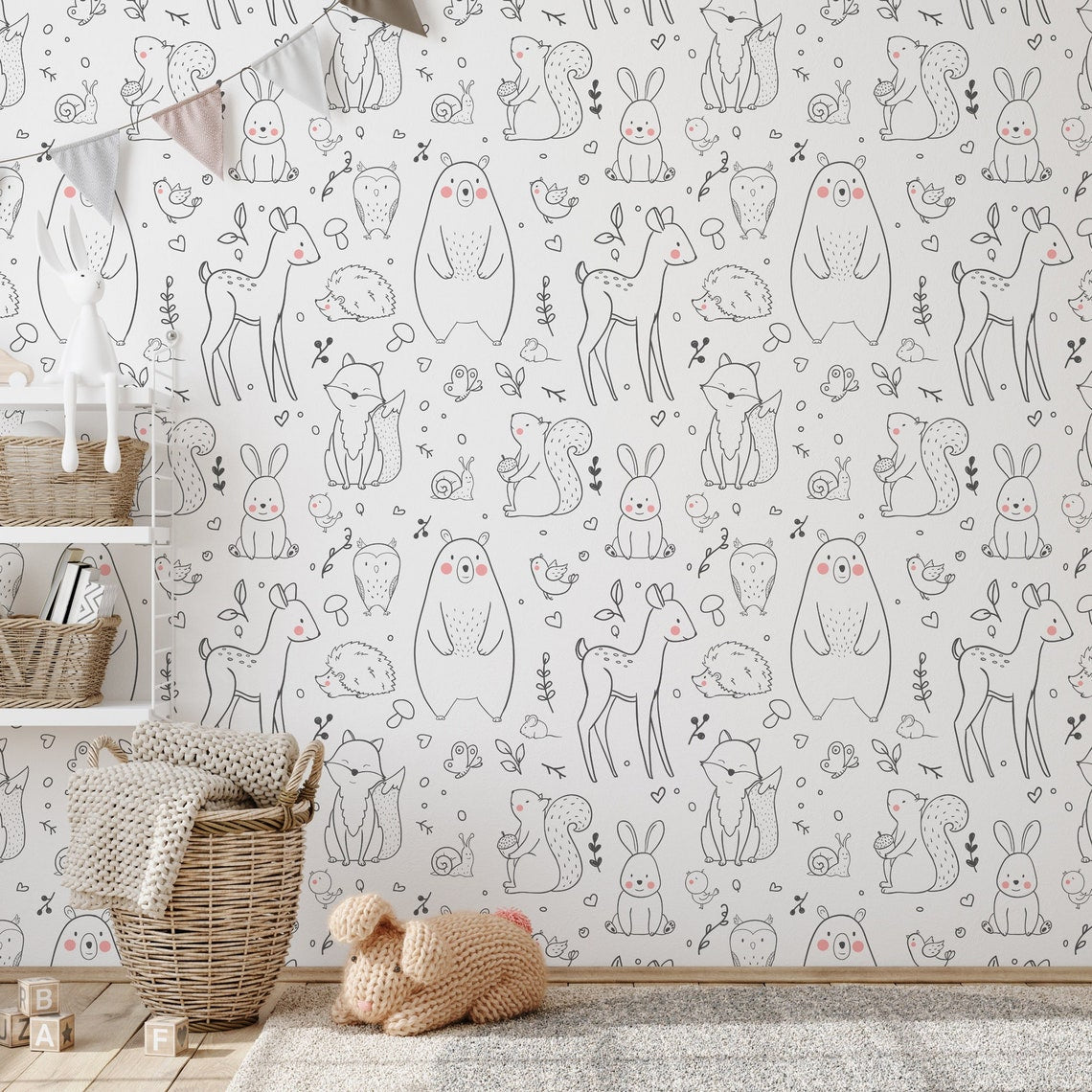 Animal Wallpaper <br/> White Background Black Pattern | Murals Wallpaper