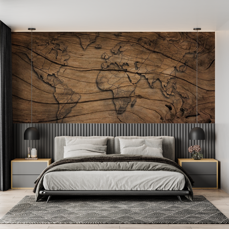 Mural World Map Wallpaper with Wood Effect