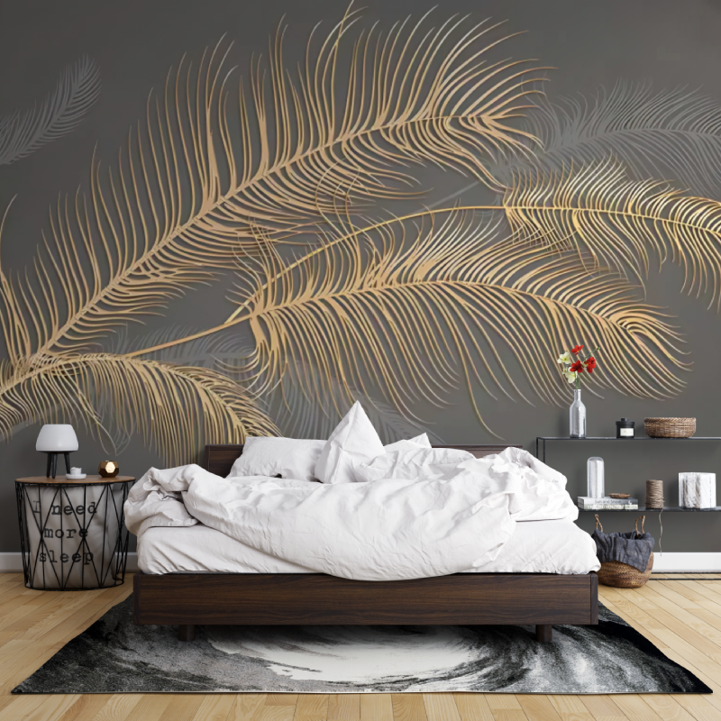 Gold and Grey Leaf Mural Wallpaper