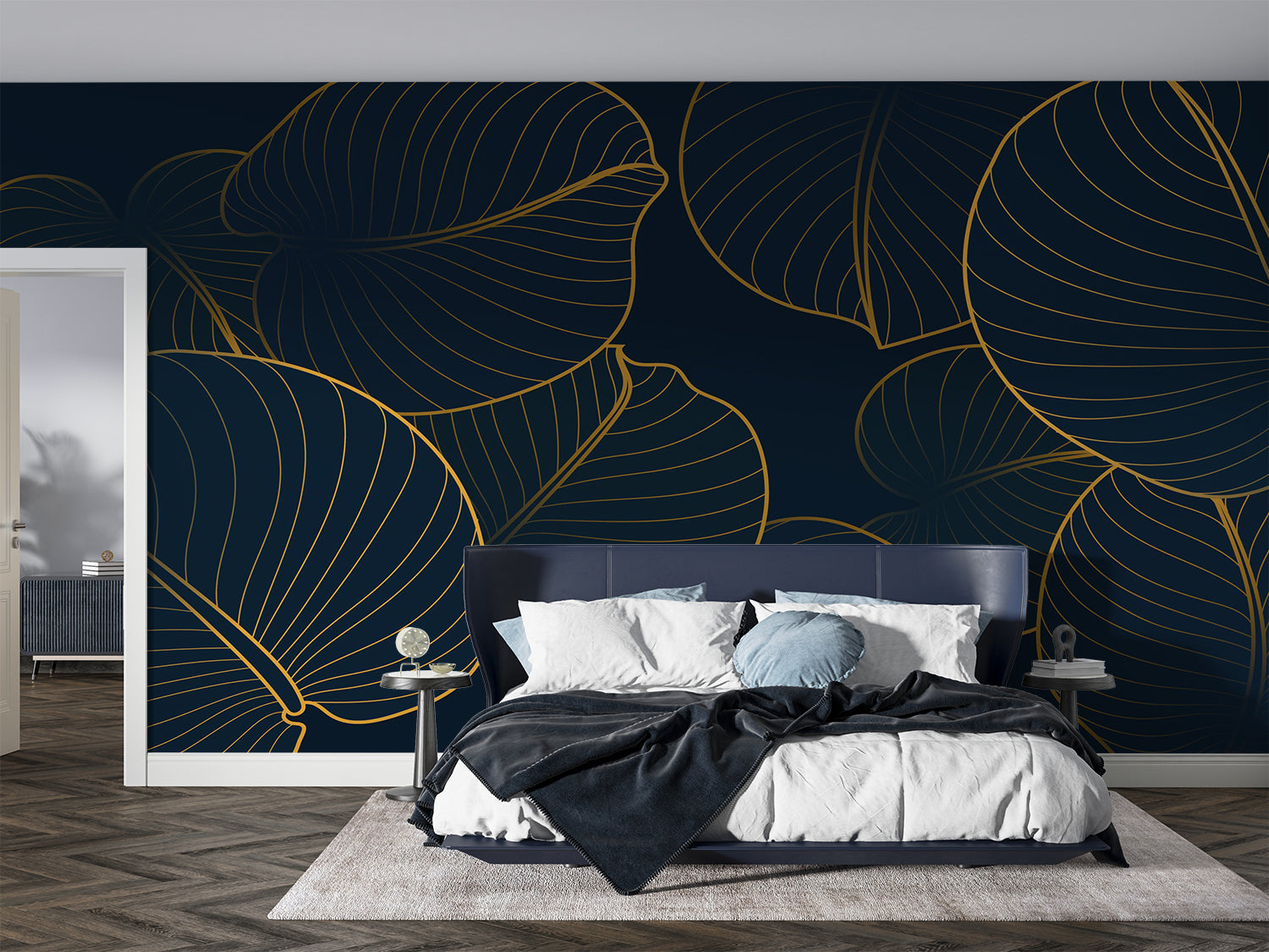 Gold Blue Navy Leaf Mural Wallpaper
