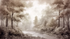 Sepia Misty Forest Illustration Mural Wallpaper