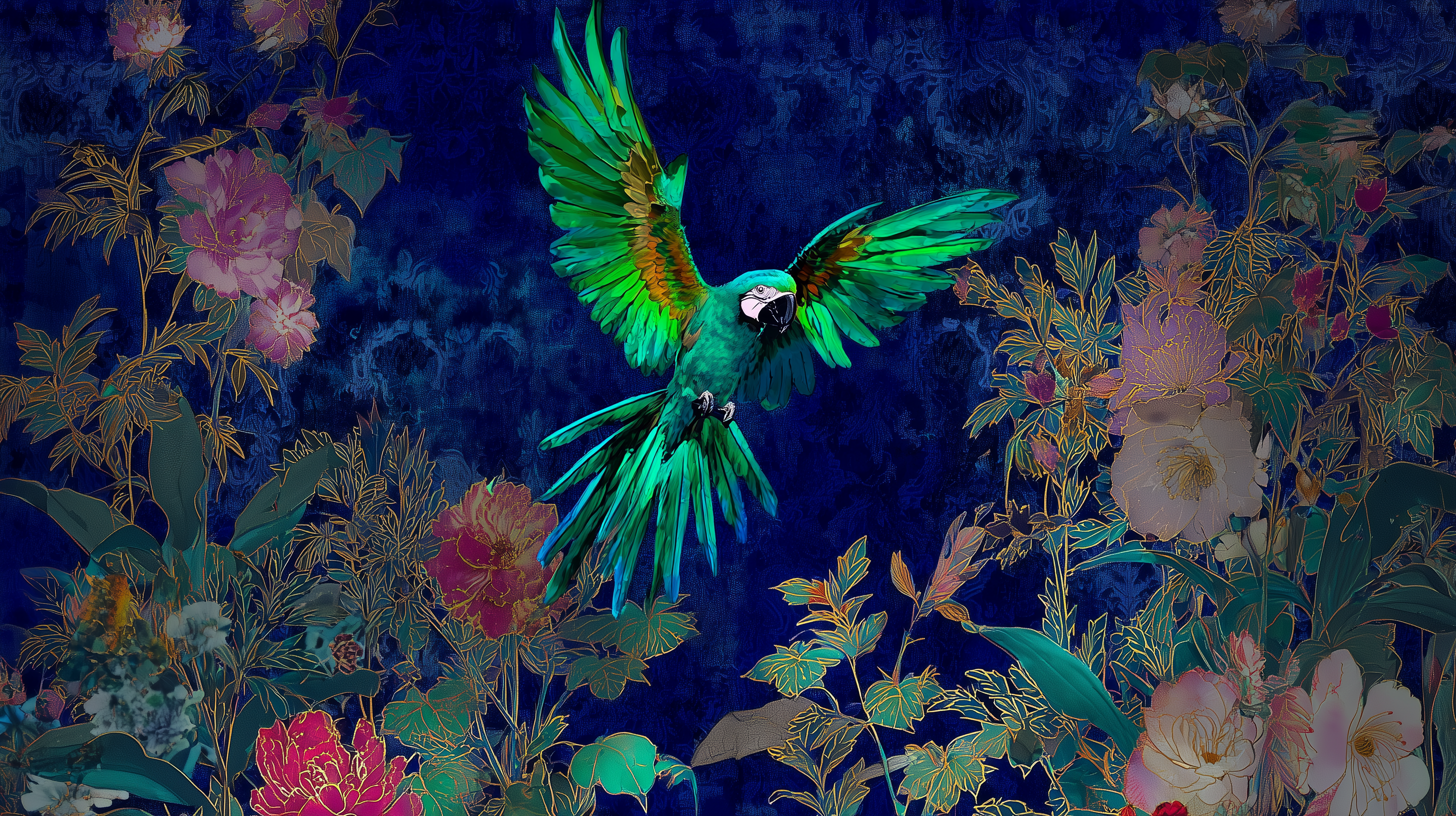 Vibrant Parrot and Floral Garden Mural Wallpaper