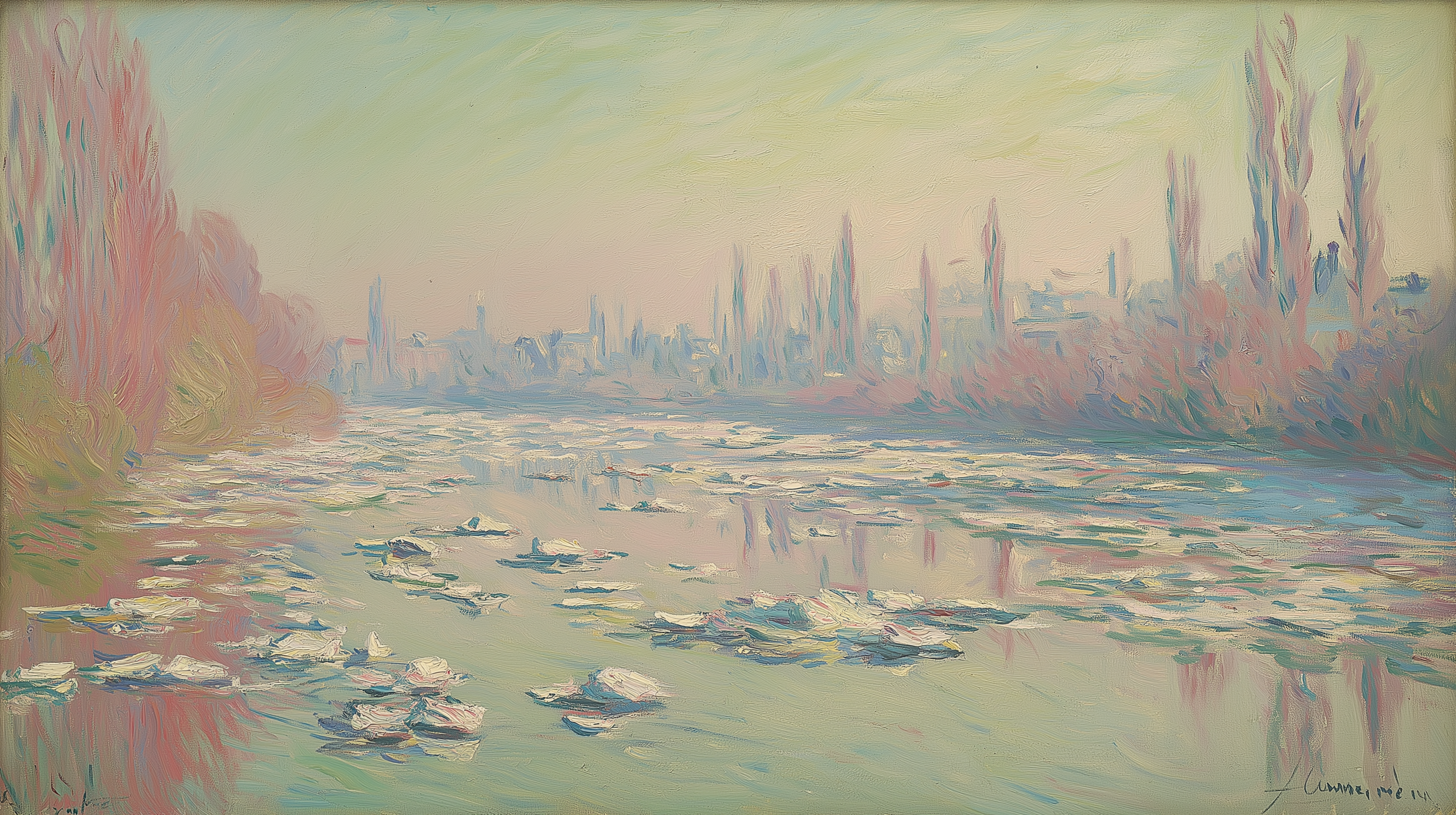 Pastel Impressionist River Landscape Mural Wallpaper